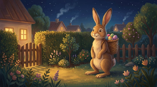 Der Osterhase in der Nacht mit dem Korb