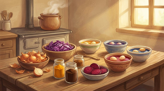 Zwiebelschalen, Rotkohl, Kurkuma und Kaffee