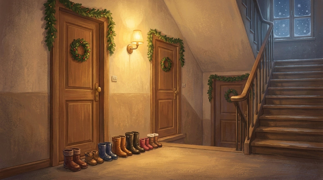 Zwölf Stiefel vor einer Tür