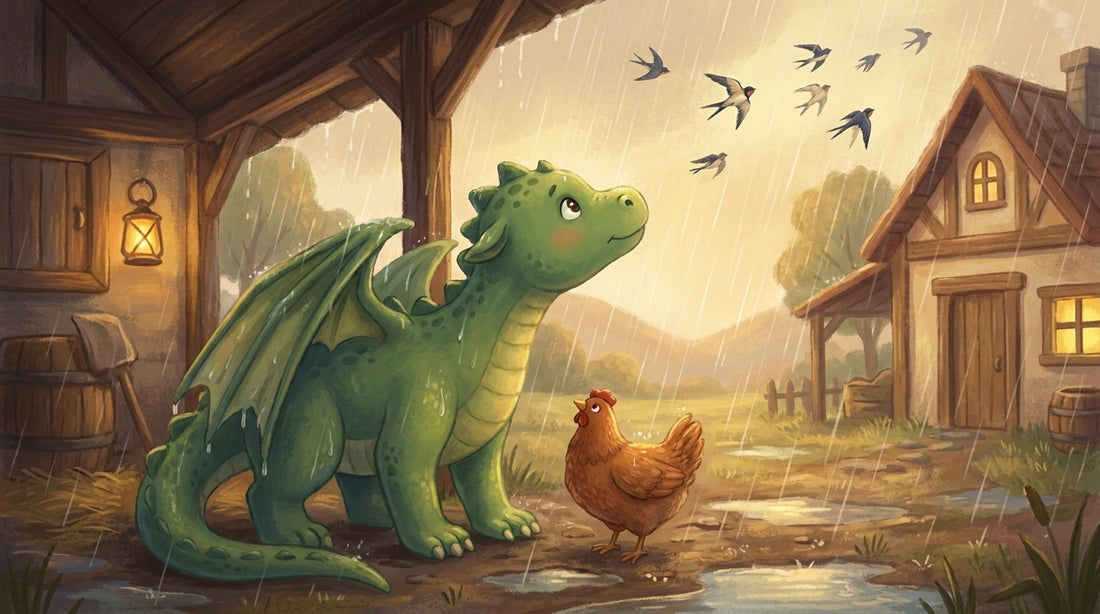 Puck steht im Regen unter dem Vordach und schaut den Schwalben nach