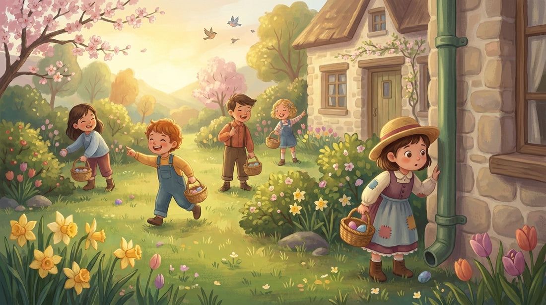 Fünf Kinder suchen im Garten
