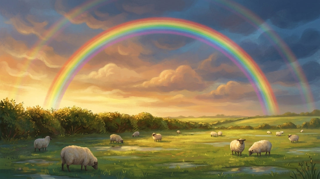 Der vollständige Regenbogen über der Hecke