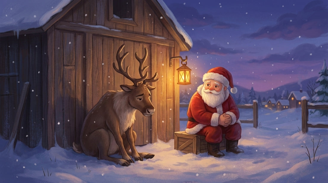 Der Weihnachtsmann setzt sich zu Pelle hinter den Stall