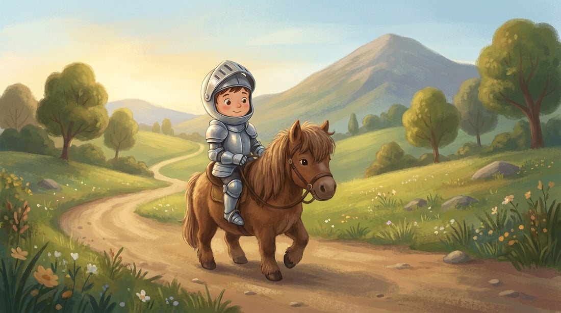 Ritter Piet in zu großer Rüstung auf seinem Pony Muffin