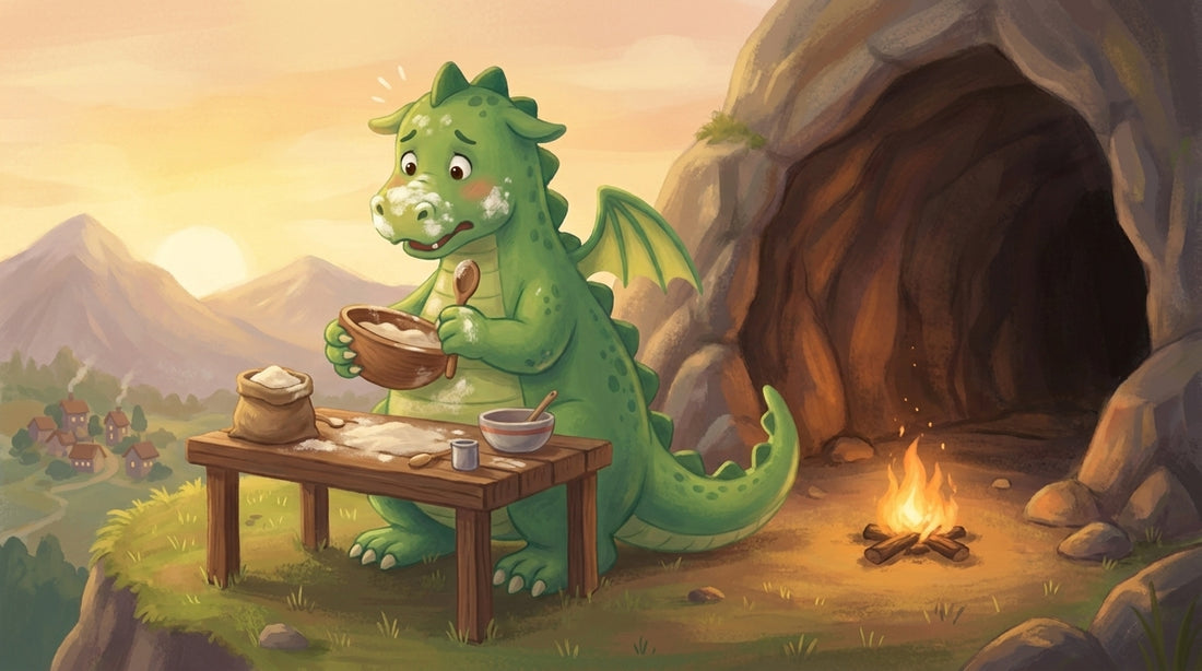 Der Drache backt vor seiner Höhle einen Rührkuchen