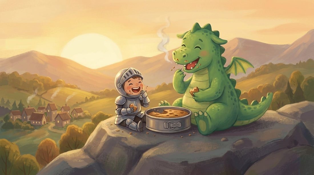 Der Drache und Ritter Piet essen zusammen Kuchen auf einem Stein
