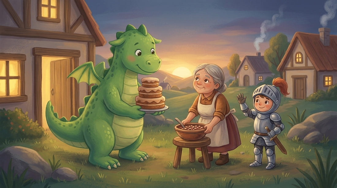 Der Drache bringt einen Stapel Kuchen ins Dorf