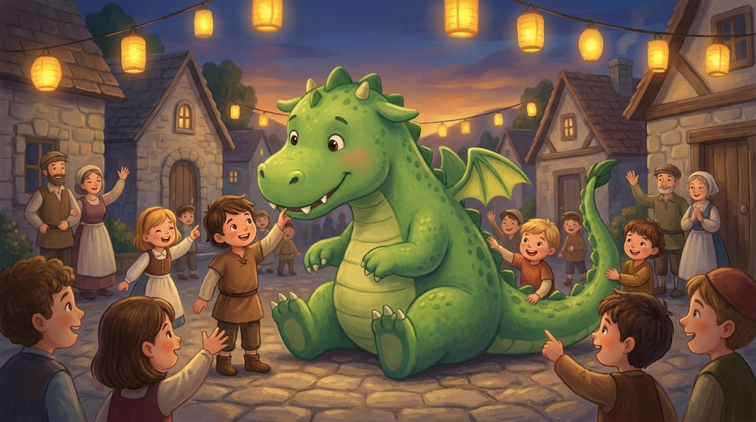 Die Kinder des Dorfes stehen abends um den Drachen herum