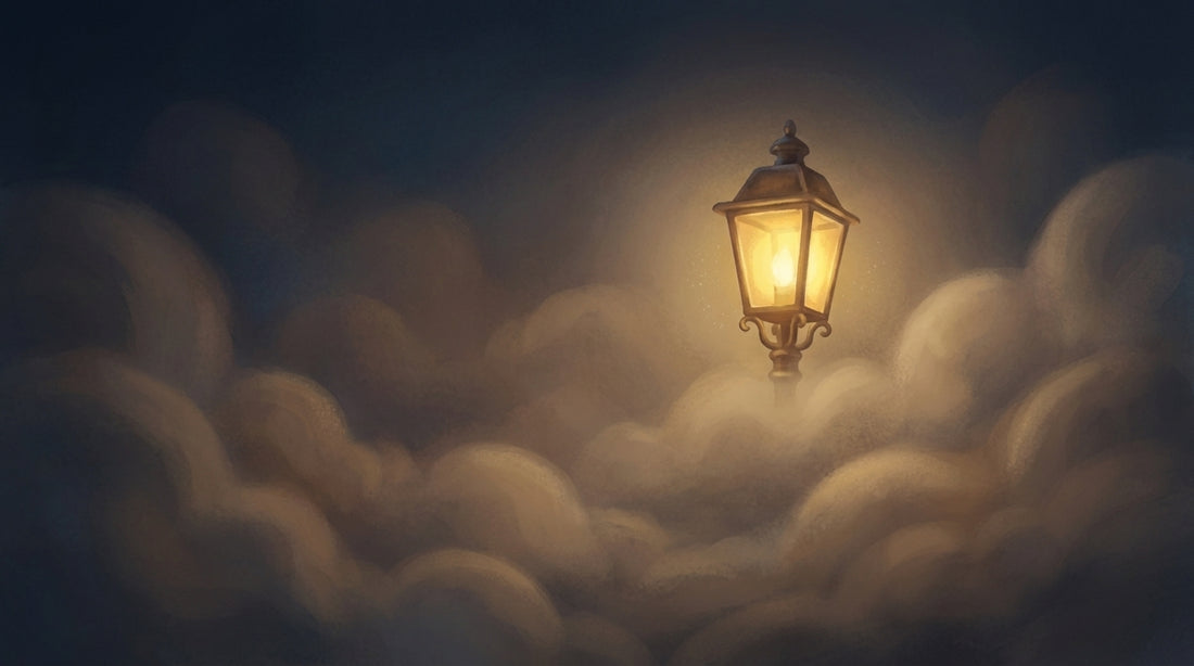Im Nebel wird die Laterne gelb und schwebt