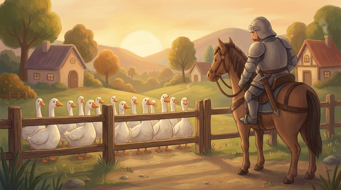 Elf Gänse hinter dem Zaun am Ortseingang von Gänsebach