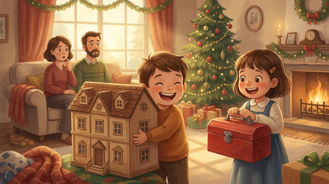 Tim mit dem Puppenhaus und Marie mit dem Werkzeugkasten