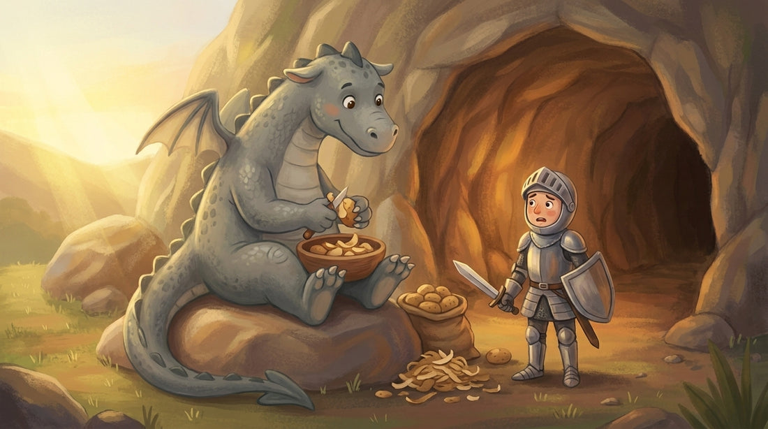 Der Drache von Halm schält Kartoffeln