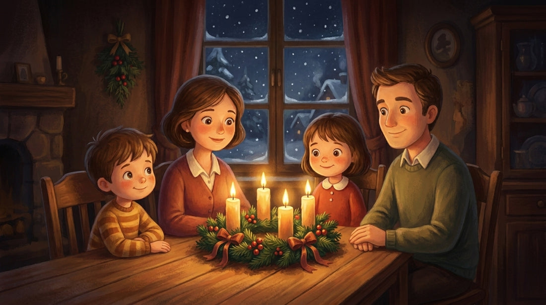 Die Familie sitzt im Dunkeln um den Adventskranz