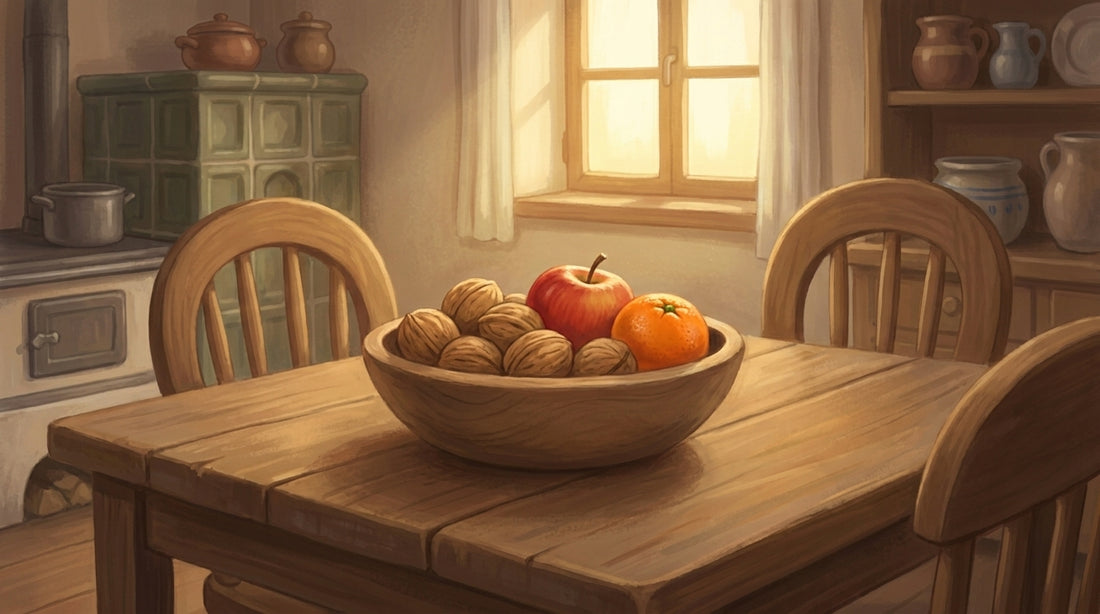Eine Mandarine, ein paar Nüsse, einmal ein Bleistift