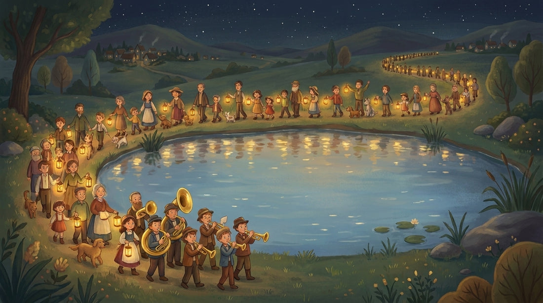 Der Zug geht um den Teich herum