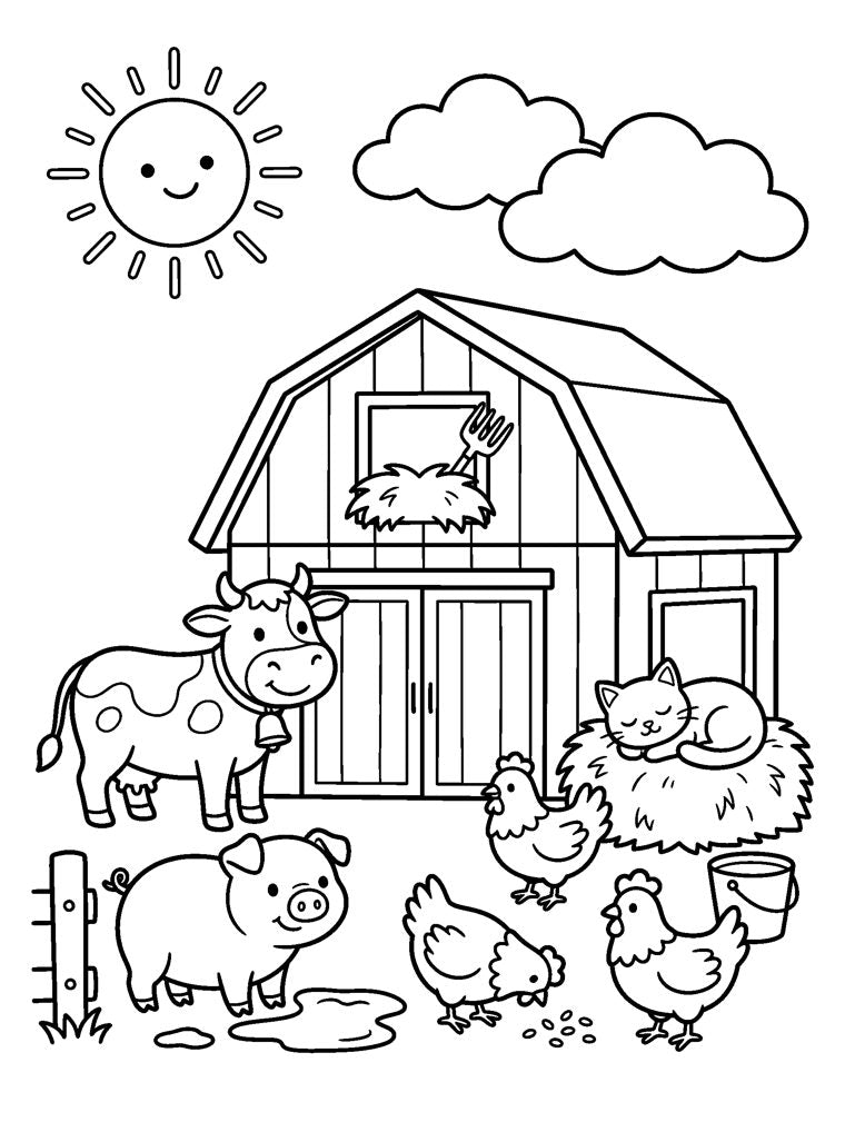 Ausmalbild: Bauernhof mit Scheune, Kuh, Schwein, Hühnern und schlafender Katze