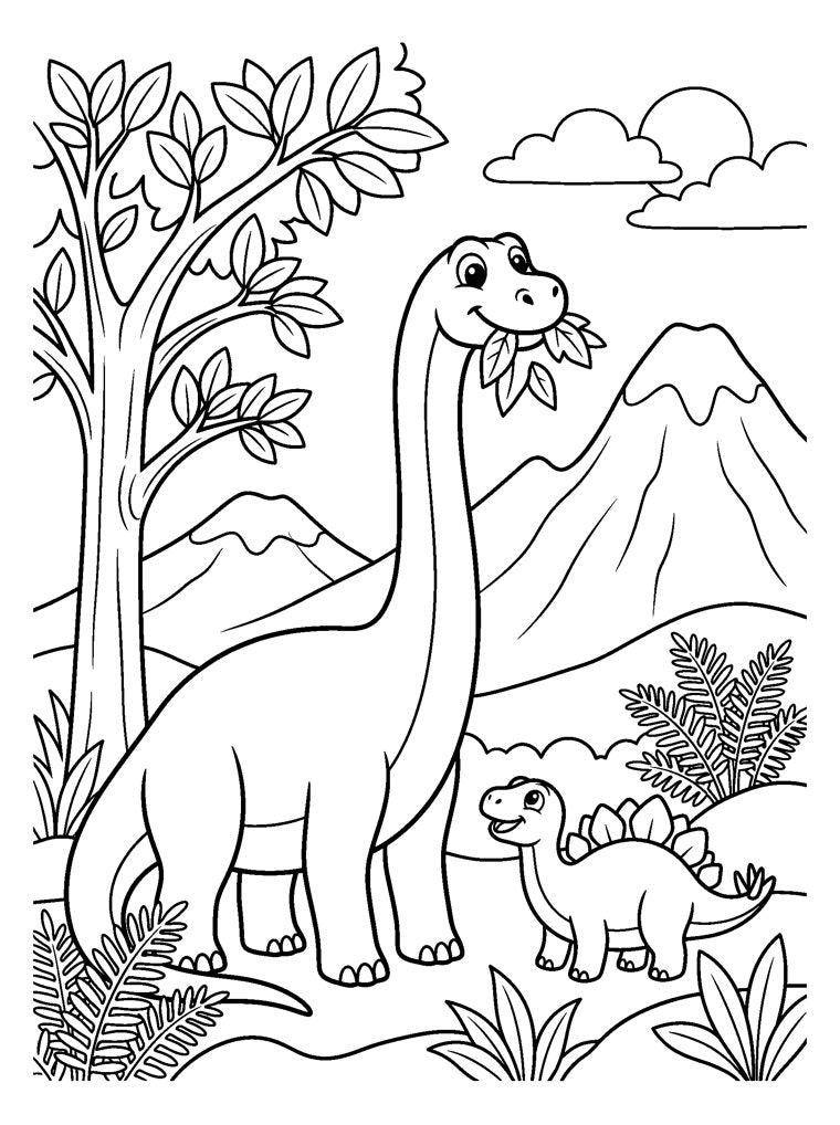 Ausmalbild: großer Langhals-Dinosaurier frisst Blätter, kleiner Dino daneben