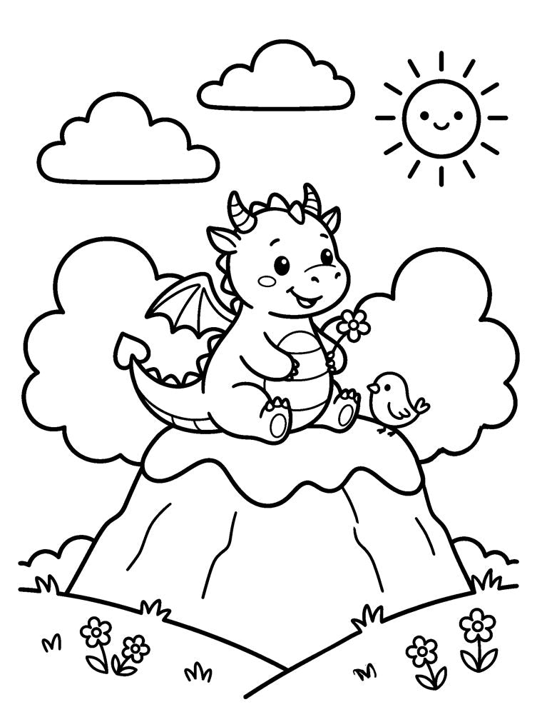 Ausmalbild: kleiner Drache sitzt zwischen Wolken auf einem Berg