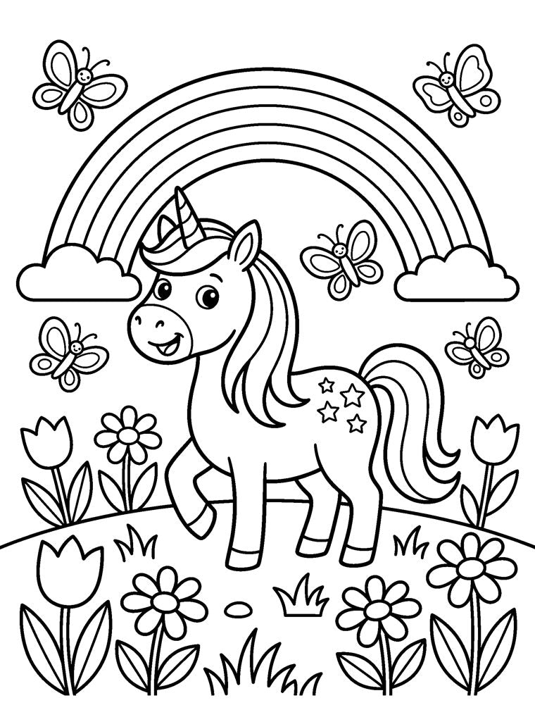 Ausmalbild: Einhorn auf einer Blumenwiese mit Regenbogen und Schmetterlingen