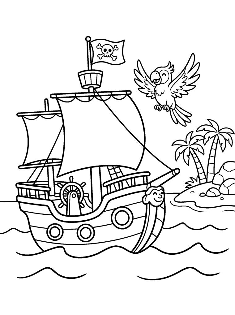 Ausmalbild: Piratenschiff mit Segeln, Papagei und Insel