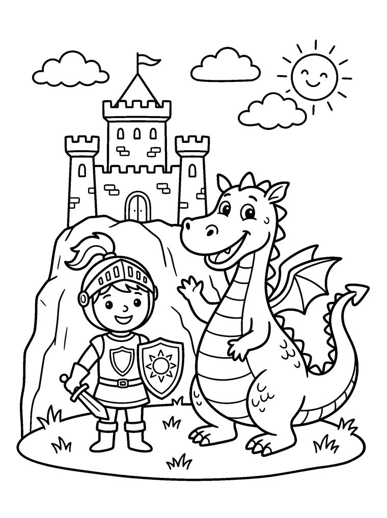 Ausmalbild: Ritter mit Schild vor einer Burg neben einem freundlichen Drachen