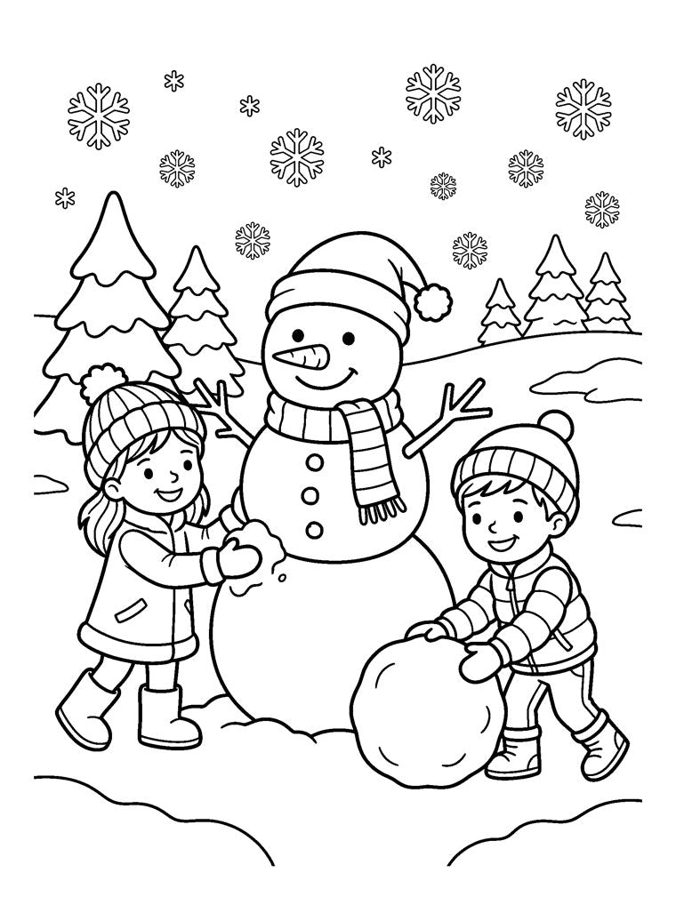 Ausmalbild: zwei Kinder bauen einen Schneemann mit Schal und Hut