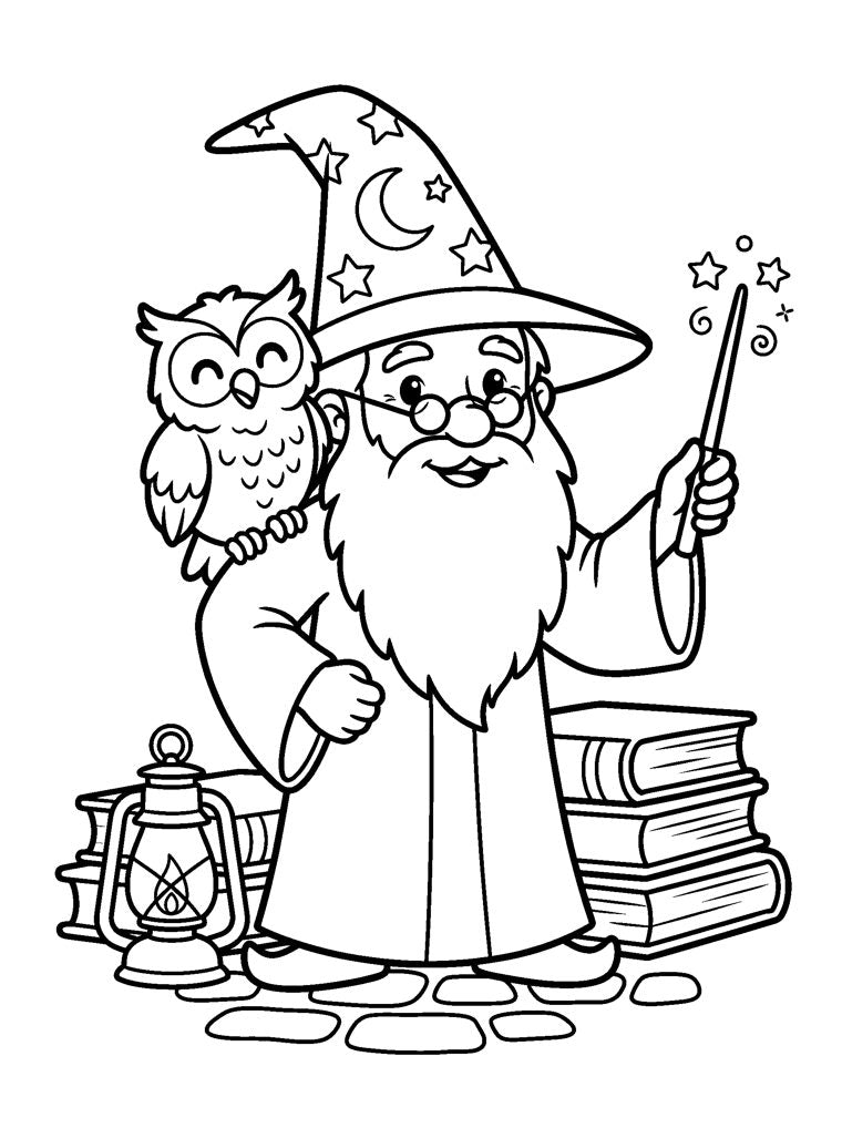 Ausmalbild: Zauberer mit Spitzhut und Zauberstab, Eule auf der Schulter, Bücher und Laterne