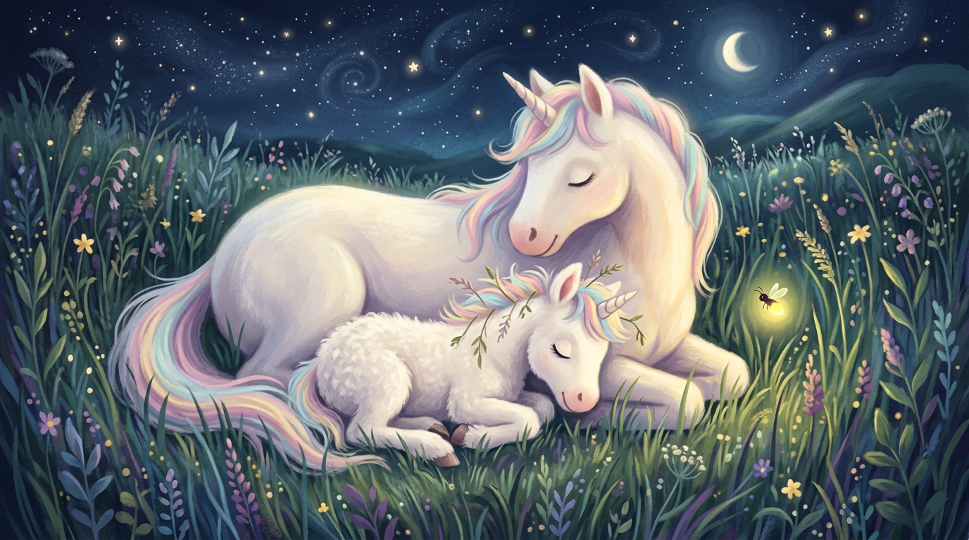 Kleines Einhorn schläft im hohen Gras einer Wiese