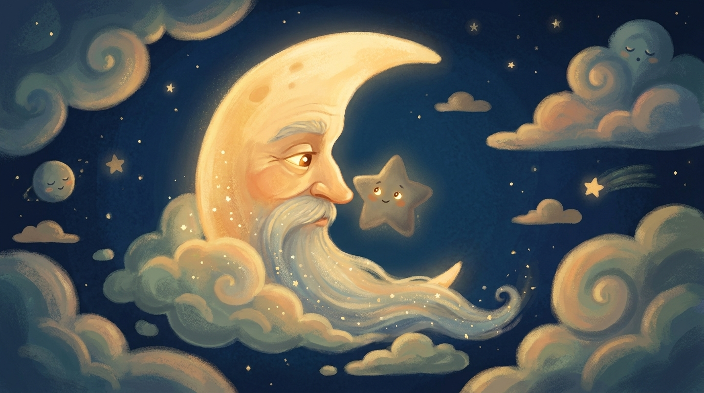 Alter freundlicher Mond mit weisem Gesicht am Nachthimmel