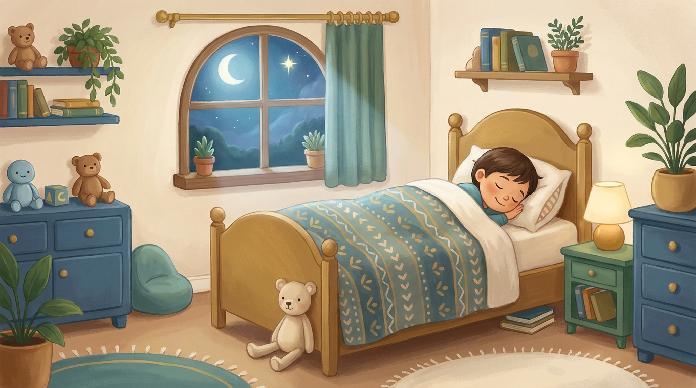 Kind schläft mit der Decke bis ans Kinn gezogen