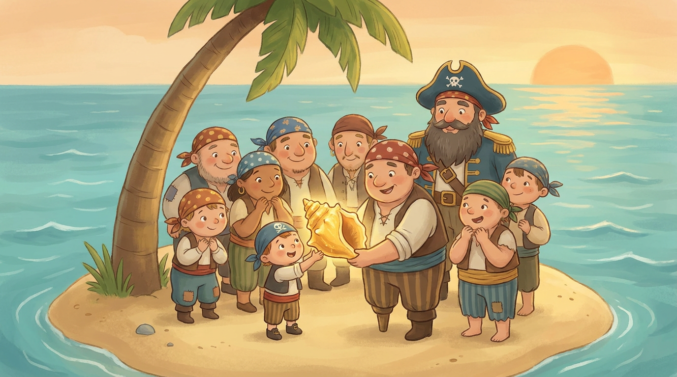 Elf freundliche Piraten stehen zusammen an Deck