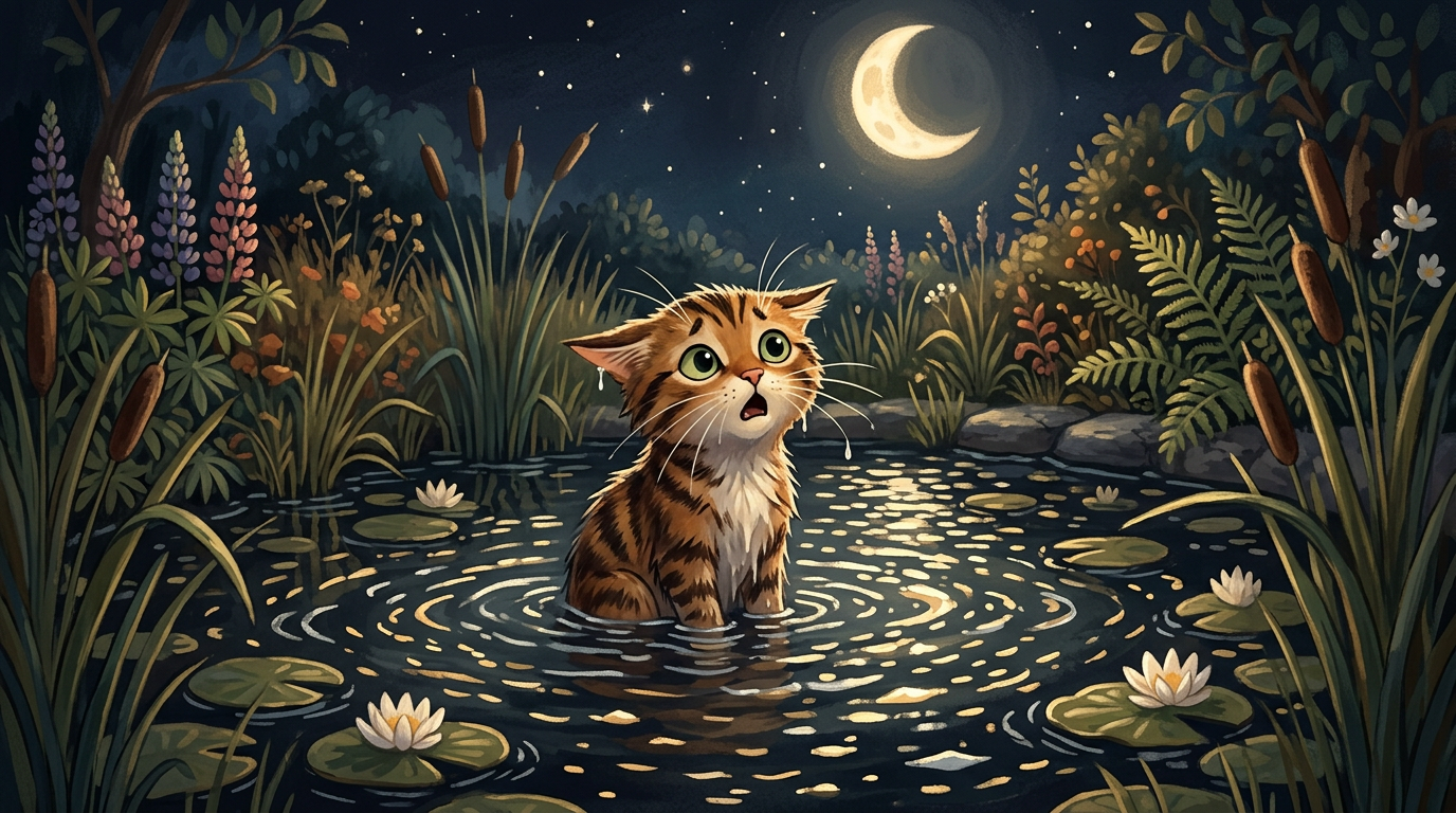 Nasse Katze sitzt im Gartenteich, der Mond zerbricht in Wellen