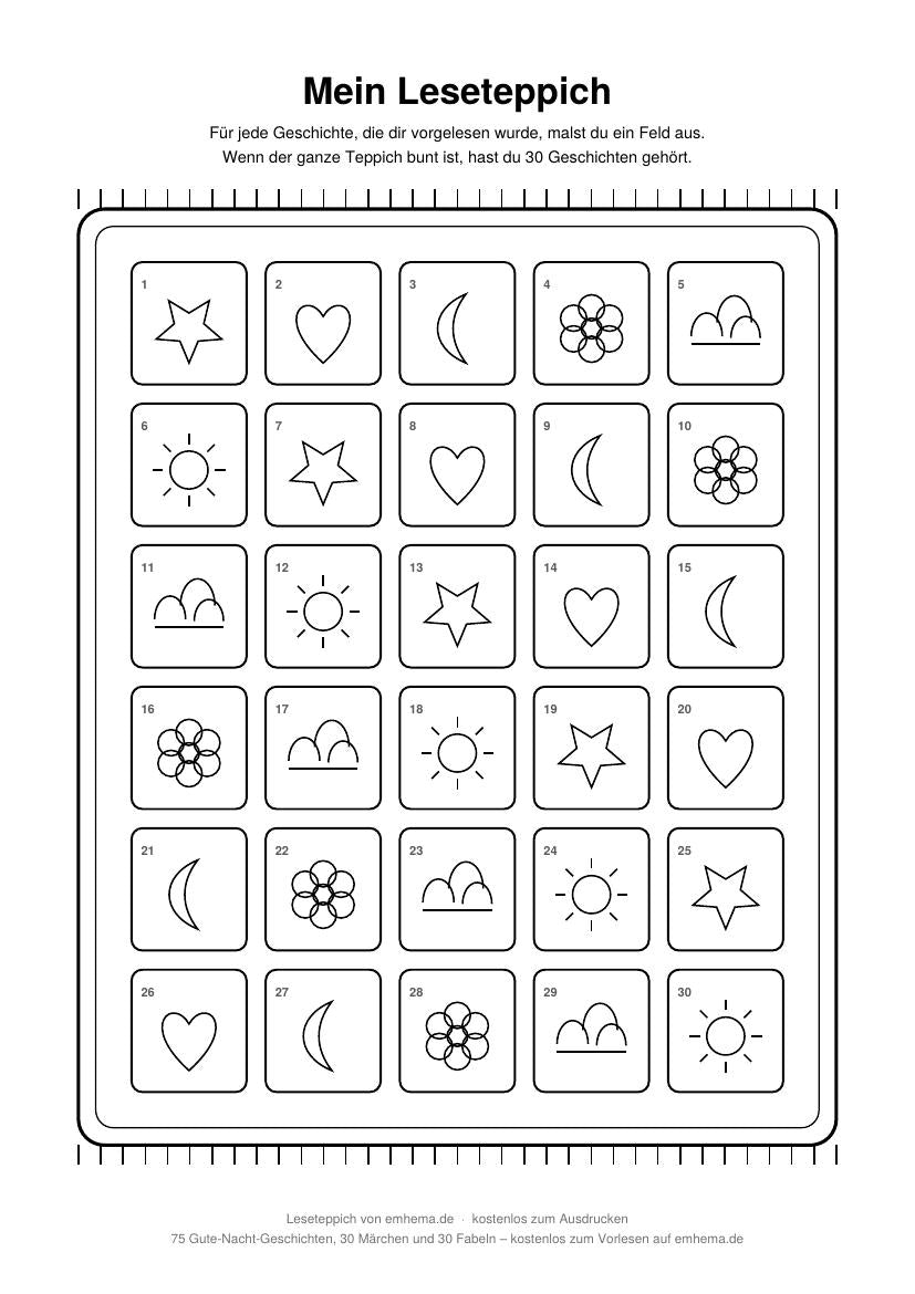 Leseteppich zum Ausdrucken: 30 Felder mit Stern, Herz, Mond, Blume, Wolke und Sonne zum Ausmalen